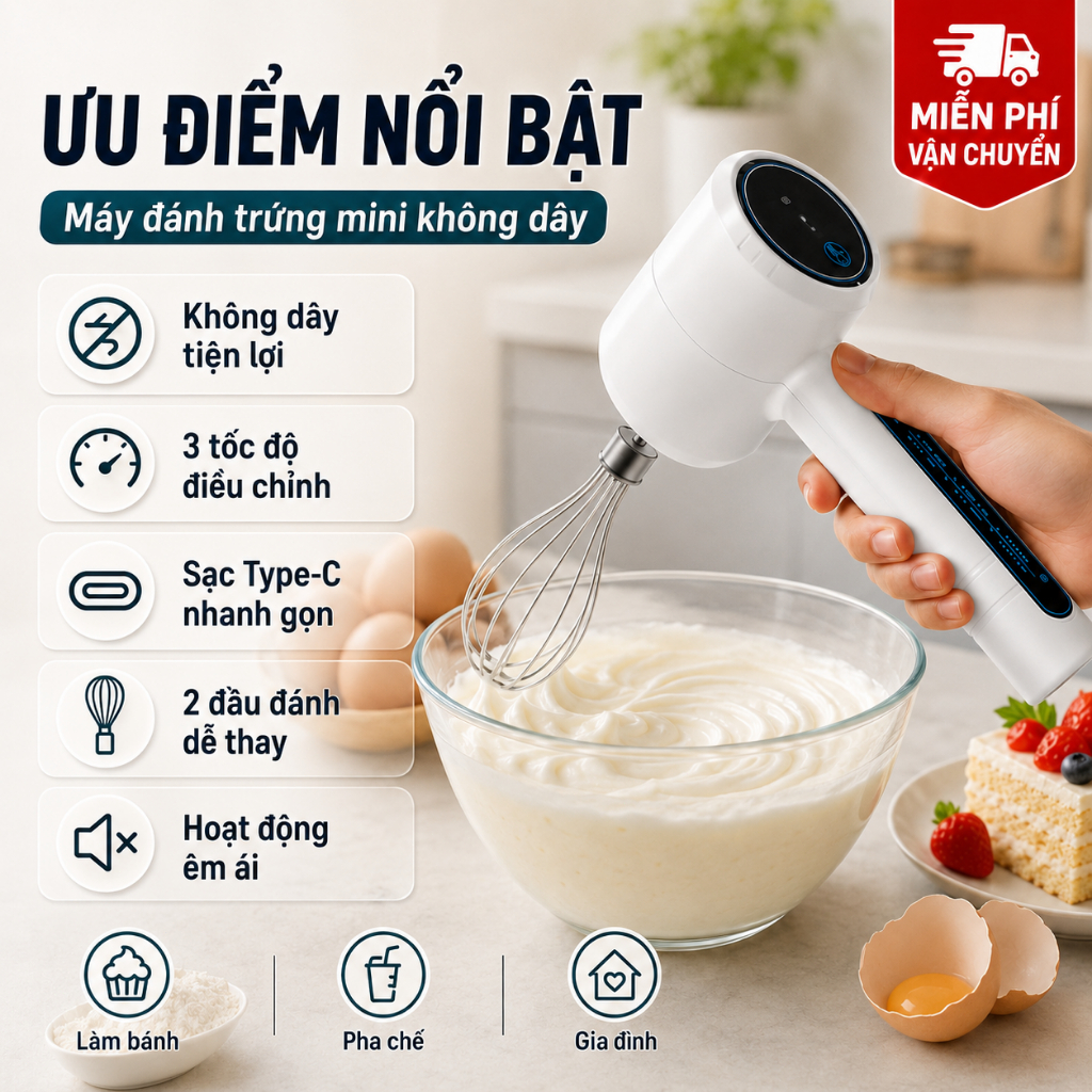 Máy Đánh Trứng Cầm Tay Không Dây | Máy Đánh Kem Mini Sạc Type-C | 3 Tốc Độ, 2 Đầu Đánh