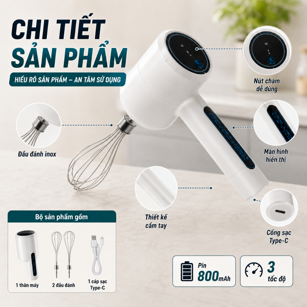 Máy Đánh Trứng Cầm Tay Không Dây | Máy Đánh Kem Mini Sạc Type-C | 3 Tốc Độ, 2 Đầu Đánh