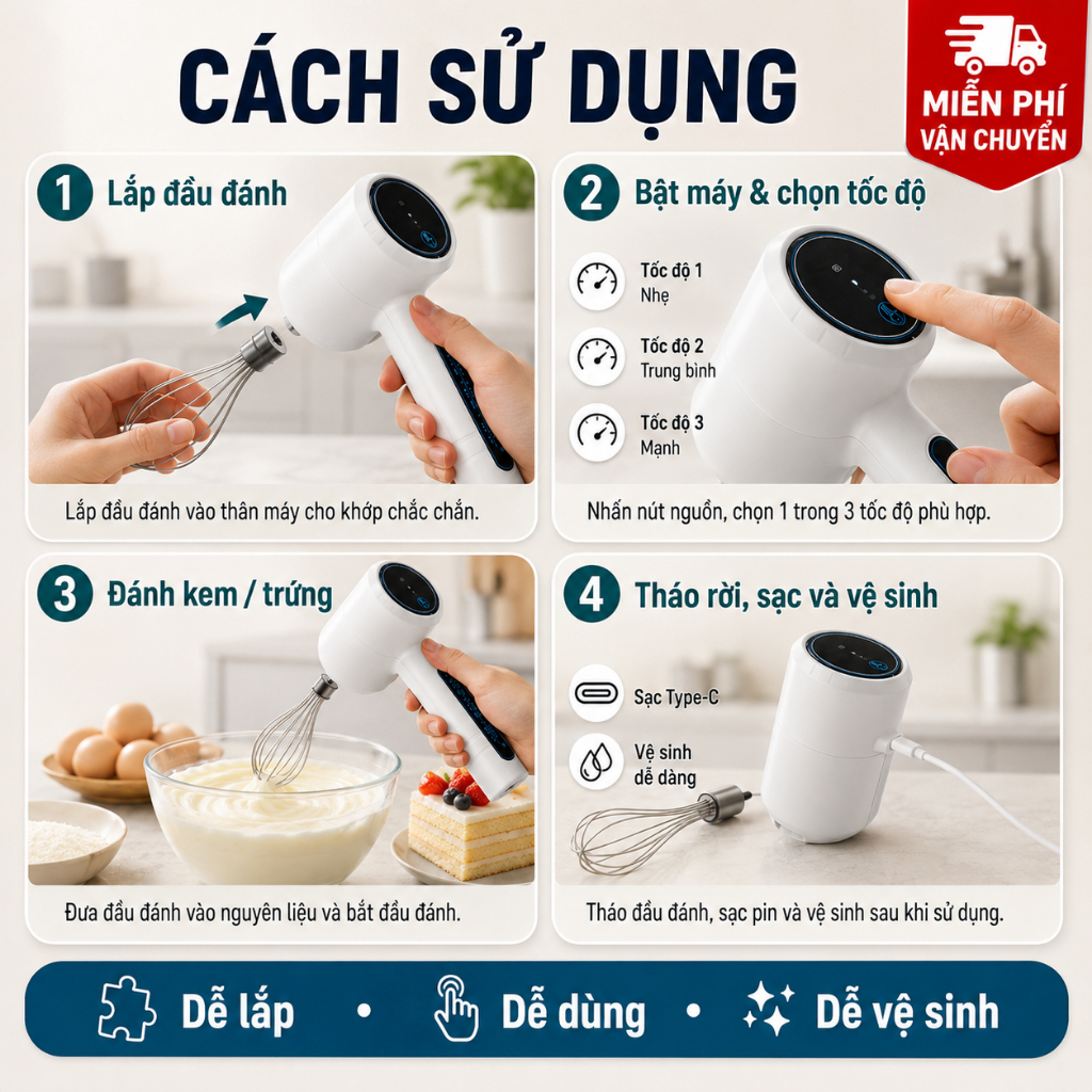 Máy Đánh Trứng Cầm Tay Không Dây | Máy Đánh Kem Mini Sạc Type-C | 3 Tốc Độ, 2 Đầu Đánh