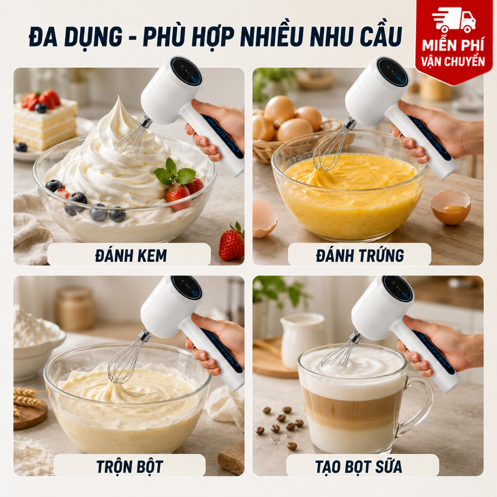 Máy Đánh Trứng Cầm Tay Không Dây | Máy Đánh Kem Mini Sạc Type-C | 3 Tốc Độ, 2 Đầu Đánh