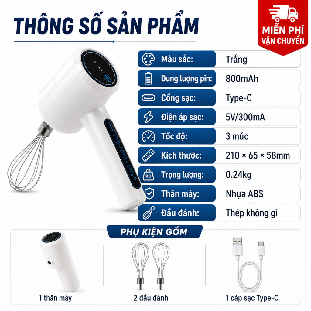 Máy Đánh Trứng Cầm Tay Không Dây | Máy Đánh Kem Mini Sạc Type-C | 3 Tốc Độ, 2 Đầu Đánh