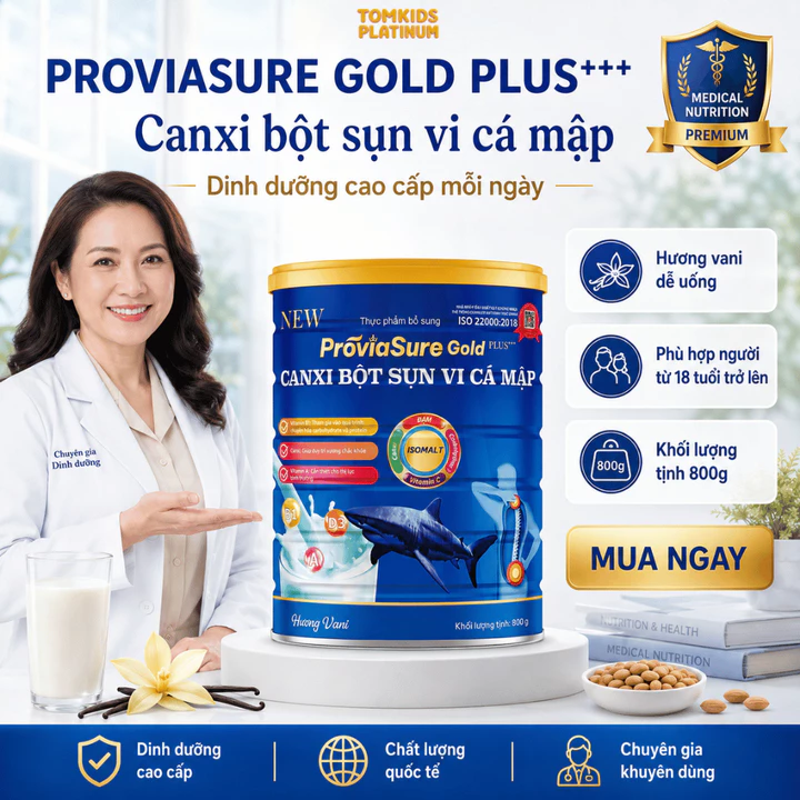 Sữa Proviasure Gold Plus Canxi Bột Sụn Cá Mập Ít Đường Dành Cho Người Cao Tuổi Giúp Xương Chắc Khỏe Lon 800g