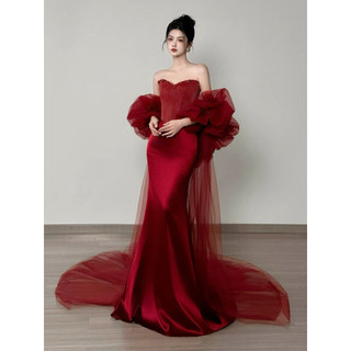 Đầm Dạ Hội Đuôi Cá Đỏ Đô Cúp Ngực Cao Cấp Tay Voan Phồng Sang Trọng Váy Dự Tiệc Cưới, Dạ Tiệc, Chụp Ảnh