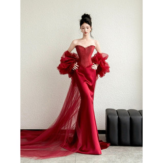 Đầm Dạ Hội Đuôi Cá Đỏ Đô Cúp Ngực Cao Cấp Tay Voan Phồng Sang Trọng Váy Dự Tiệc Cưới, Dạ Tiệc, Chụp Ảnh