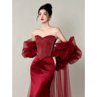 Đầm Dạ Hội Đuôi Cá Đỏ Đô Cúp Ngực Cao Cấp Tay Voan Phồng Sang Trọng Váy Dự Tiệc Cưới, Dạ Tiệc, Chụp Ảnh