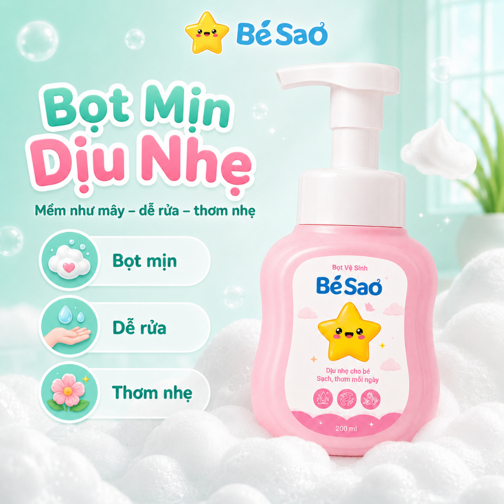Dung Dịch Vệ Sinh Dạng Bọt Cho Bé Làm Sạch Dịu Nhẹ, Khử Mùi Vùng Kín, Giảm Hăm Ngứa