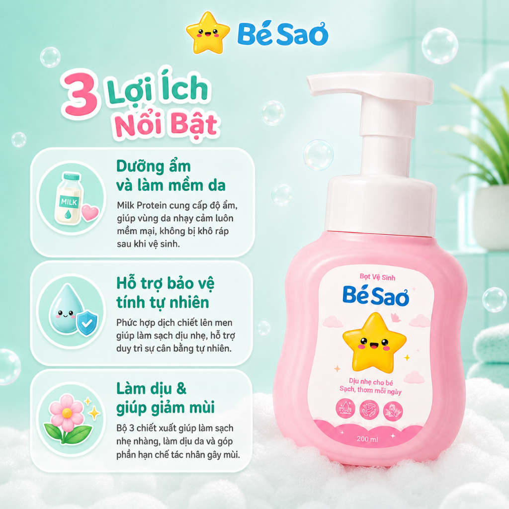 Dung Dịch Vệ Sinh Dạng Bọt Cho Bé Làm Sạch Dịu Nhẹ, Khử Mùi Vùng Kín, Giảm Hăm Ngứa