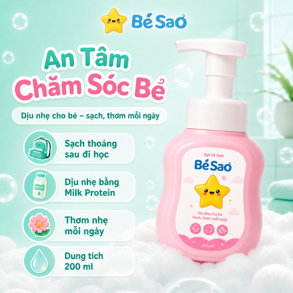 Dung Dịch Vệ Sinh Dạng Bọt Cho Bé Làm Sạch Dịu Nhẹ, Khử Mùi Vùng Kín, Giảm Hăm Ngứa