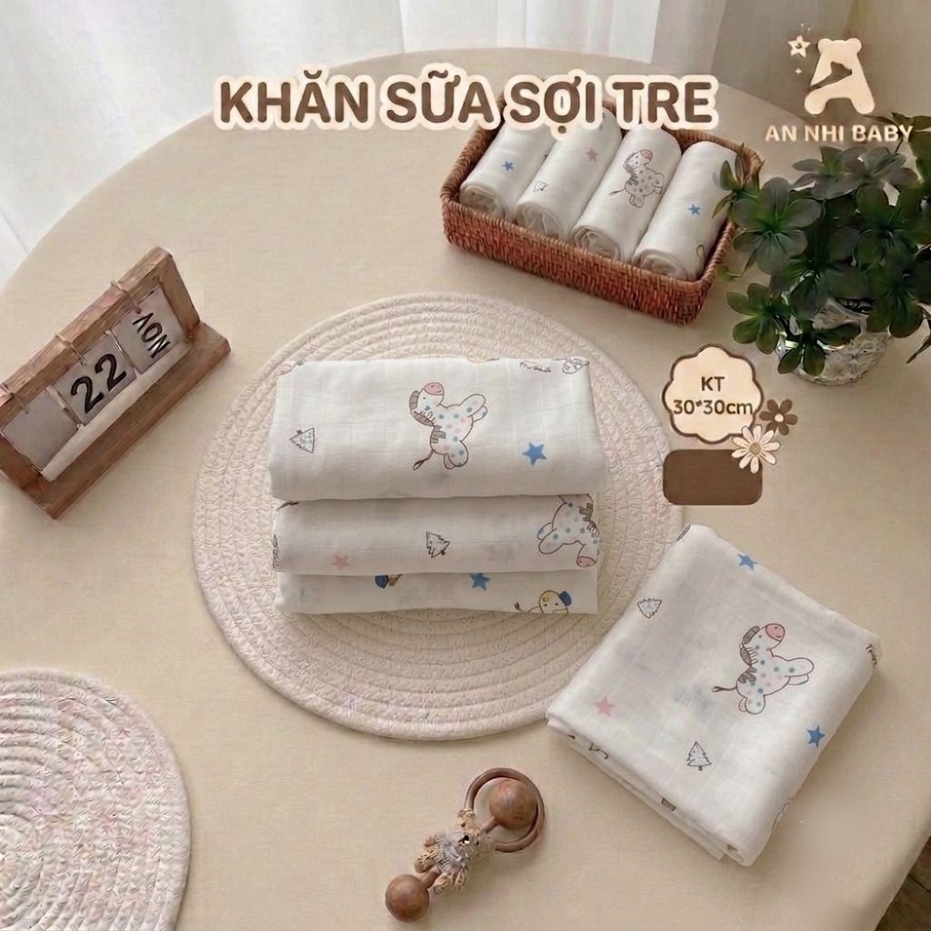 ​[SET 3/5CÁI] Khăn Sữa Cho Bé Sợi Tre An Nhi Baby 30x30cm - Khăn Mặt Sơ Sinh Organic Siêu Thấm Hút, Không Đổ Lông