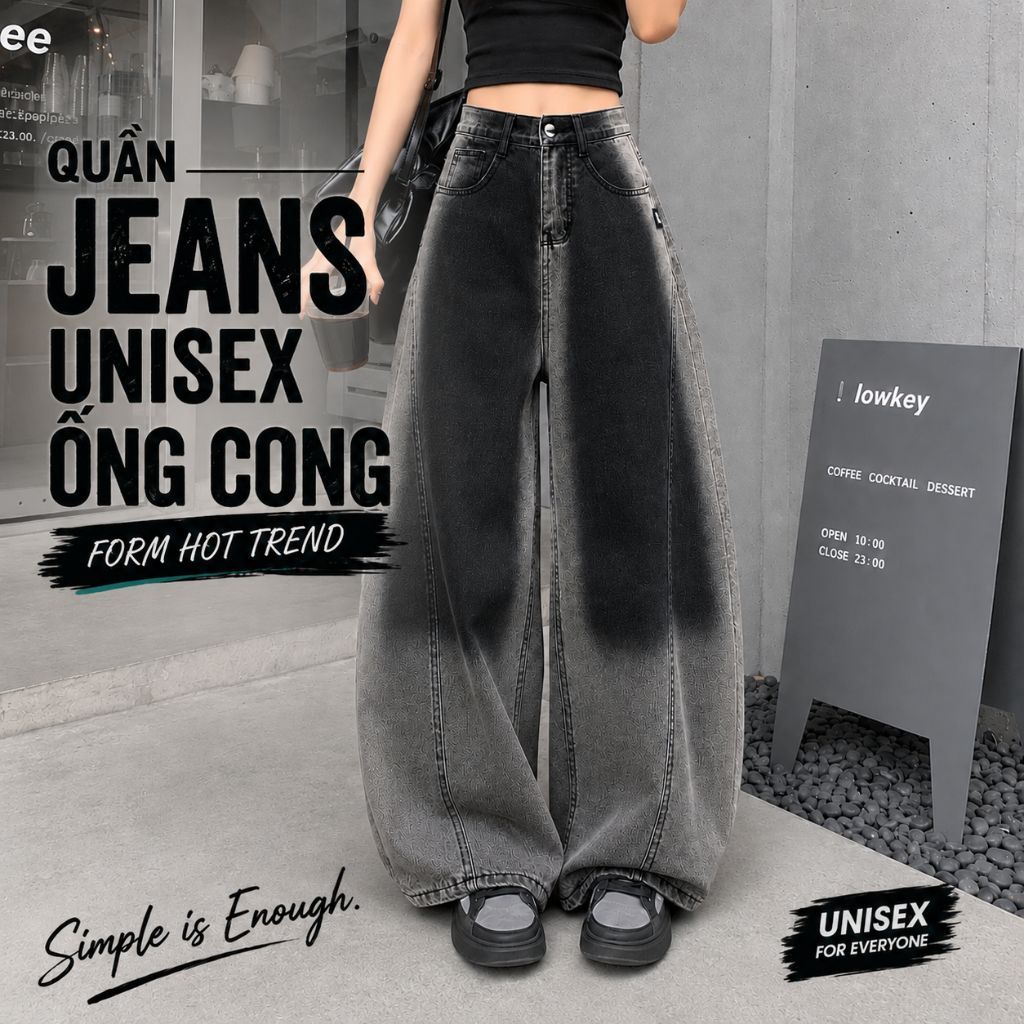Quần jeans ống cong ZGO dáng rộng thụng wash chất vải dày dặn nam nữ đều mặc được Qzg17