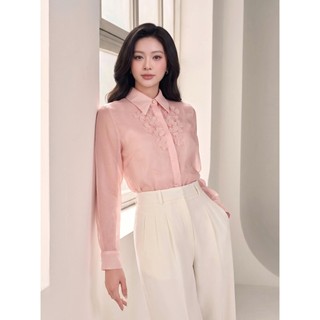 Áo Sơ Mi Nữ 𝐂𝐂𝐇𝐀𝐓 Dáng Suông Kiểu Lazer Caterina Đính Hoa Trang Trí Chất Liệu Voan Mềm Mại 16FDV9117ST