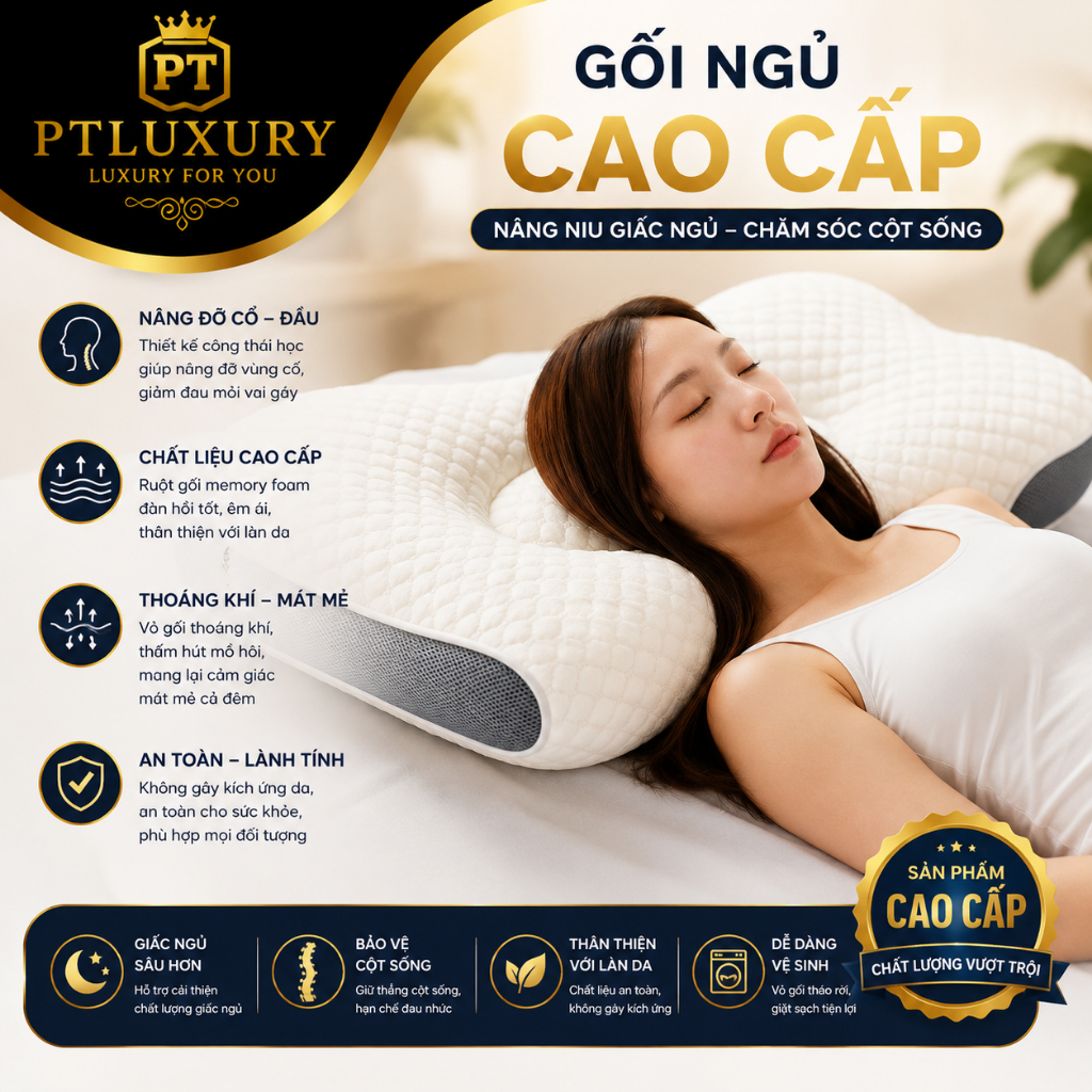 Gối ngủ công thái học PTLUXURY chống đau mỏi cổ vai gáy hạn chế ngáy giúp giấc ngủ ngon