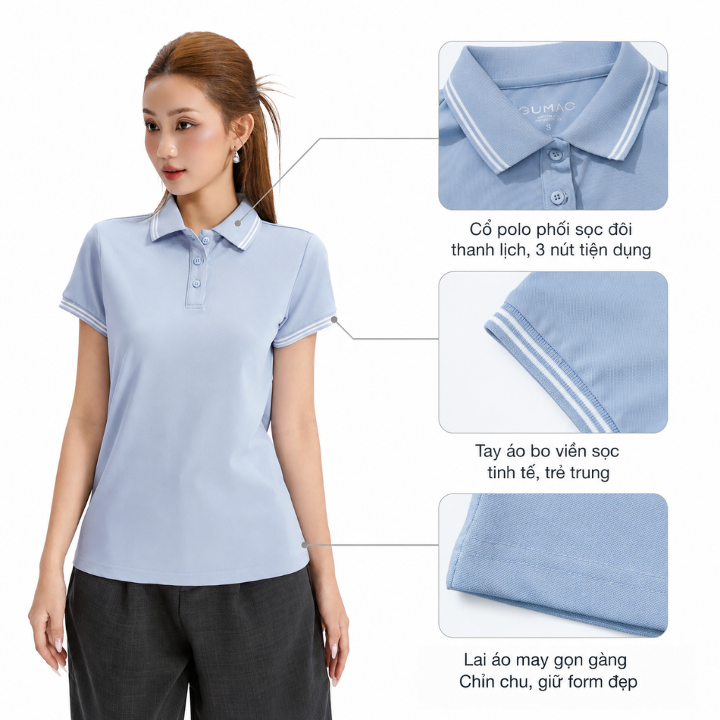 Áo Polo Nữ Form Suông GUMAC Phối Sọc 2 Viền Chất Thun Cá Sấu Poly Thoáng Mát Dễ Phối Đồ LPLE0917