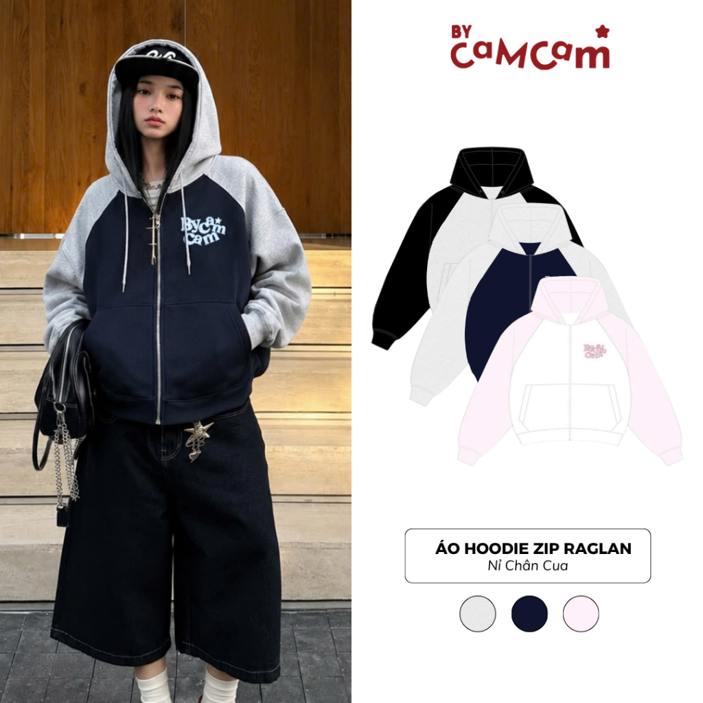 Áo Hoodie Zip Form Boxy Tay Raglan 𝑩𝒚𝒄𝒂𝒎𝒄𝒂𝒎 Áo Khoác Nỉ Chân Cua Mũ Lớn Đắp Vải Basic Unisex AHOD745 | BigBuy360 - bigbuy360.vn