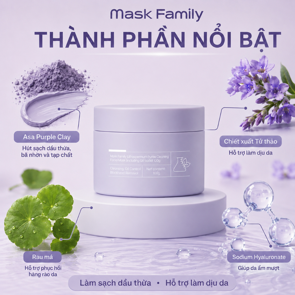 Mặt Nạ Đất Sét Tử Thảo Mask Family Giảm Mụn Đầu Đen Kiểm Soát Dầu  Dịu Nhẹ Cho Da Nhạy Cảm 100g