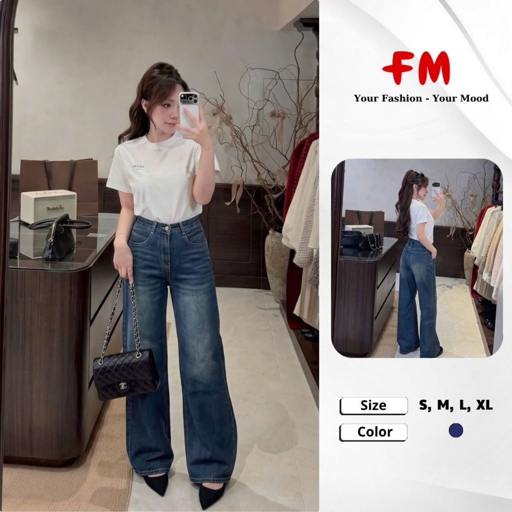 Quần Jeans Nữ FMSTYLE Ống Suông Cạp Cao Viền Túi Dài Tôn Dáng 26060157