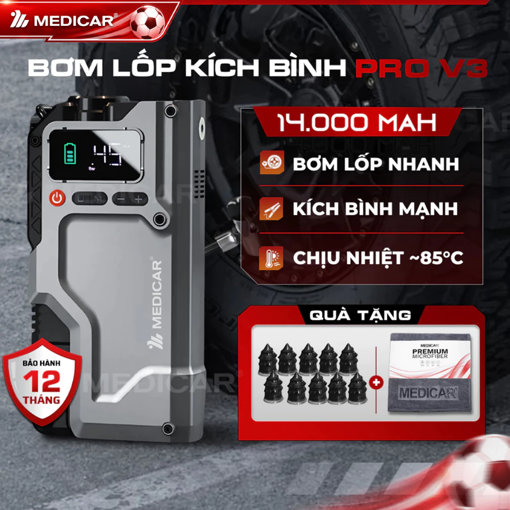 KÍCH BÌNH BƠM LỐP Ô TÔ V3 PRO 14.000mAh 4in1 Medicar - Tổng hợp Bơm lốp, Kích bình, Đèn chiếu sáng