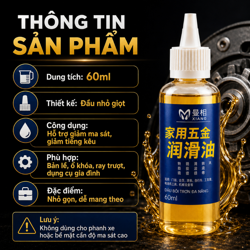 Dầu Bôi Trơn Đa Năng 60ml｜Dùng Cho Ổ Khóa, Bản Lề, Ray Trượt｜Giảm Kẹt, Giảm Tiếng Ồn, Hỗ Trợ Chống Gỉ