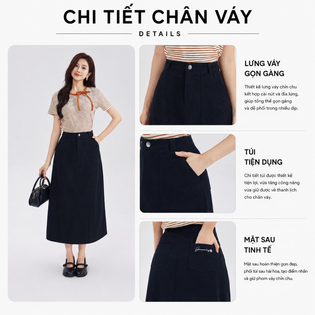 Chân Váy Kaki Nữ GMORNING Dáng A Midi Có Túi Xéo Vuông Thêu Chữ Trẻ Trung Dễ Phối Đồ YVF04060