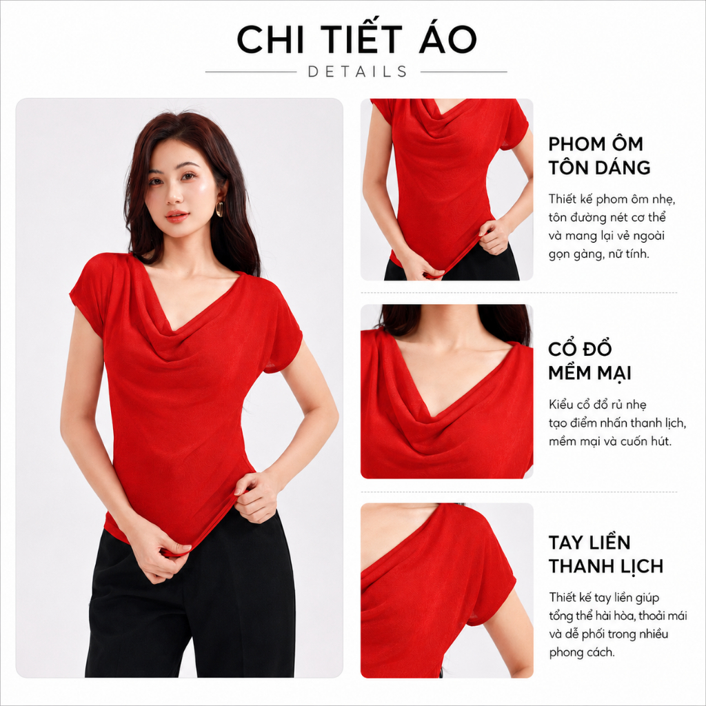 Áo Thun Nữ Cổ Đổ GUMAC Form Slim Fit Tay Ngắn Chất Ánh Nhung Sang Trọng Đi Tiệc ATE01031