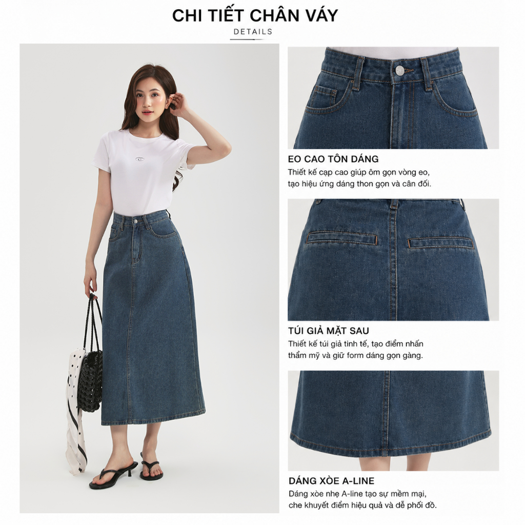 Chân Váy Jeans Midi GMORNING Dáng A Cơ Bản Chất Denim Mềm Thoải Mái Dễ Phối YVJF01071 - YVG07102