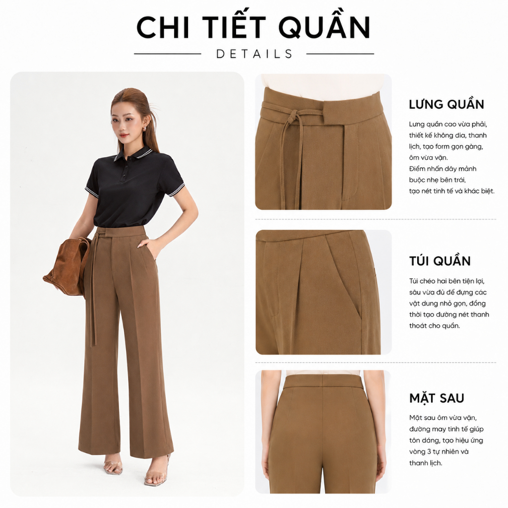 Quần Tây Nữ Ống Suông GUMAC Kiểu Lưng Cao Phối Dây Kiểu Thắt Nơ Dài 100Cm Có Túi LQG0501