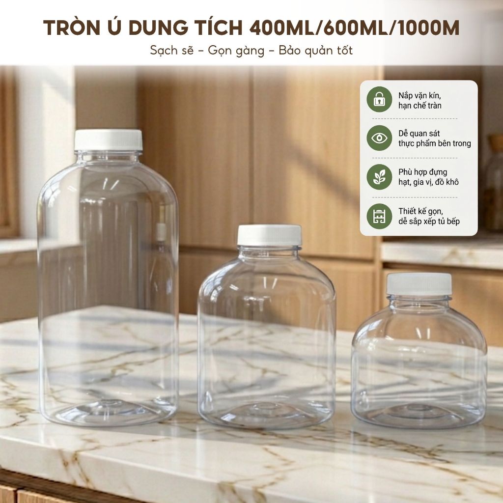 Combo 5 Chai Tròn Ú Dung Tích 400ml/600ml/1000ml – Chai Nhựa PET Đựng Trà Sữa, Nước Ép, Sữa Hạt