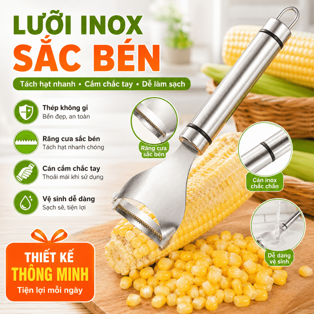 Dao Tách Hạt Ngô Inox | Dụng Cụ Tách Bắp Cầm Tay | Lưỡi Răng Cưa Sắc Bén | Dễ Vệ Sinh