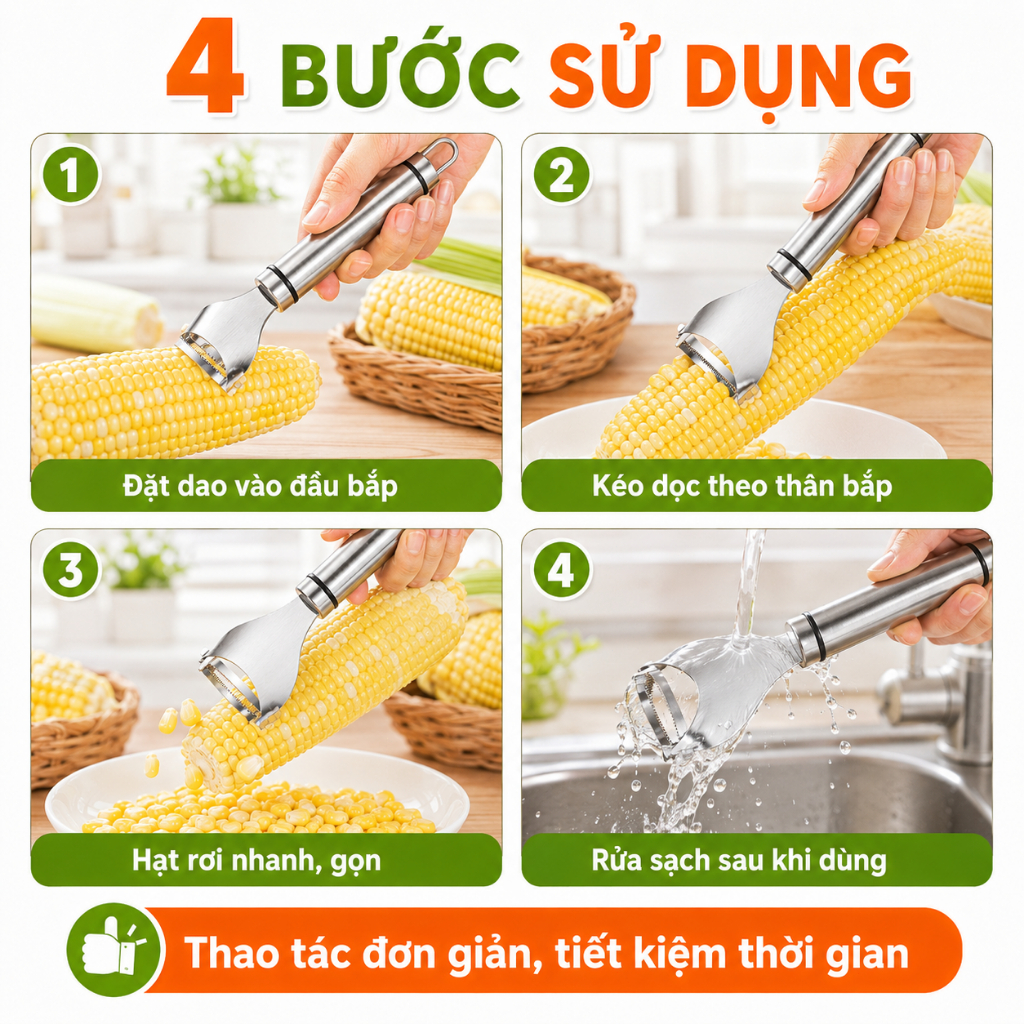 Dao Tách Hạt Ngô Inox | Dụng Cụ Tách Bắp Cầm Tay | Lưỡi Răng Cưa Sắc Bén | Dễ Vệ Sinh