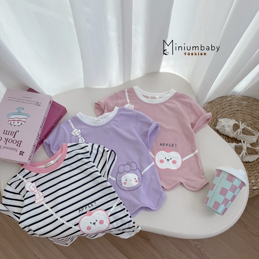 Set bộ cộc tay bé gái Miniumbaby mix nơ cổ hình gấu táo, quần dáng suông, chất cotton mềm mát SB2554