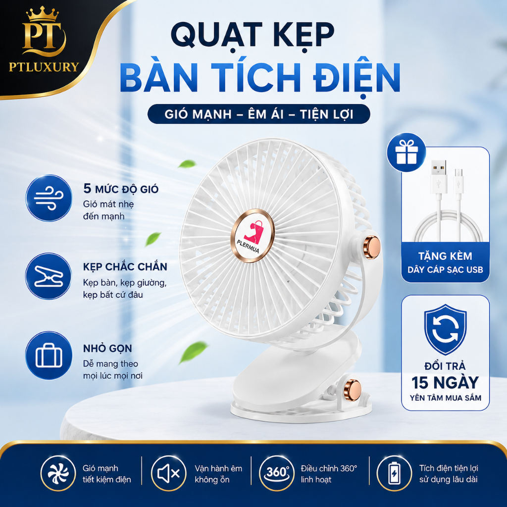 [ HỎA TỐC HCM ] Quạt mini để bàn PLSHARK tích điện 5 mức độ gió 3 mức độ đèn pin 5000 MHA Và 10000 MHA