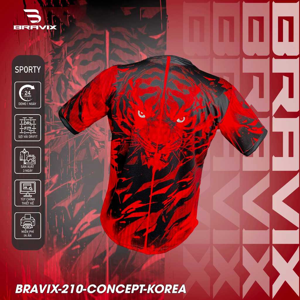 BRAVIX ÁO KHÔNG LOGO Hổ Đỏ – Bộ Quần Áo Bóng Đá Thiết Kế Độc Quyền, Concept Riêng, Vải Mè Caro Dri-FIT Cao Cấp, Thấm Hút