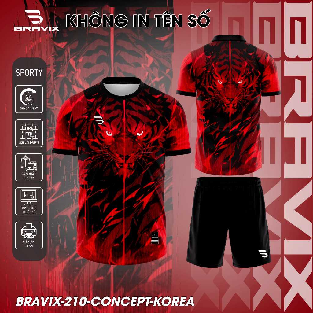 BRAVIX ÁO KHÔNG LOGO Hổ Đỏ – Bộ Quần Áo Bóng Đá Thiết Kế Độc Quyền, Concept Riêng, Vải Mè Caro Dri-FIT Cao Cấp, Thấm Hút