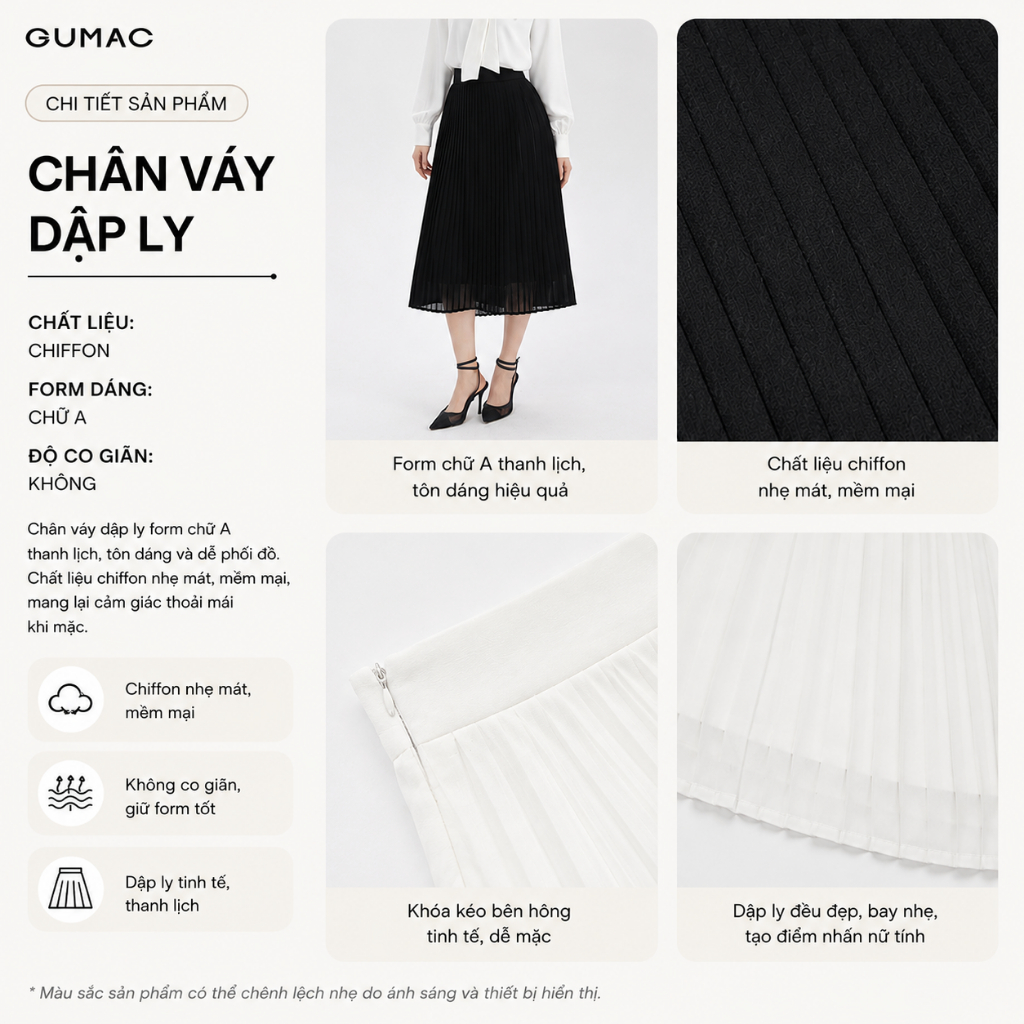 Chân Váy Midi Xếp Ly GUMAC Dáng A Suông Cơ Bản Chất Chiffon 2 Lớp Mềm Nữ Tính Thanh Lịch LVF0821