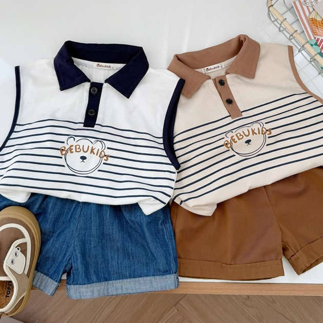 Set bộ polo sát nách bé trai 1-6 tuổi Miniumbaby kẻ sọc hoạ tiết gấu cute, chất áo cotton mềm SB2790