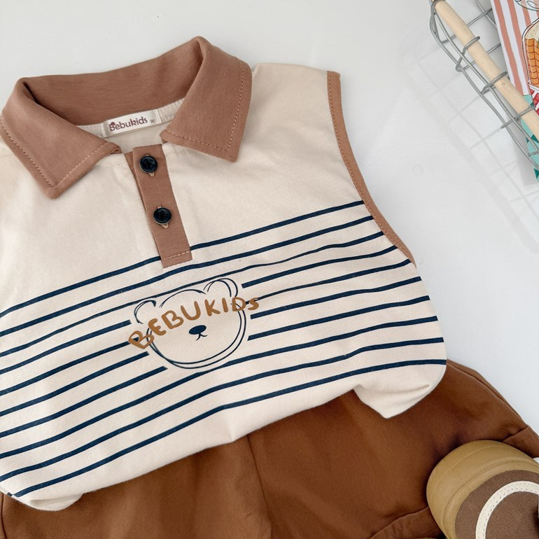 Set bộ polo sát nách bé trai 1-6 tuổi Miniumbaby kẻ sọc hoạ tiết gấu cute, chất áo cotton mềm SB2790
