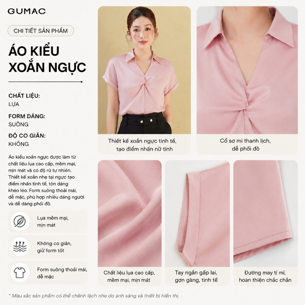 Áo Kiểu Nữ GUMAC Form Suông Tay Ngắn  Cổ Đức Xoắn Ngực Chất Lụa Mềm Mát Thanh Lịch LAG05074