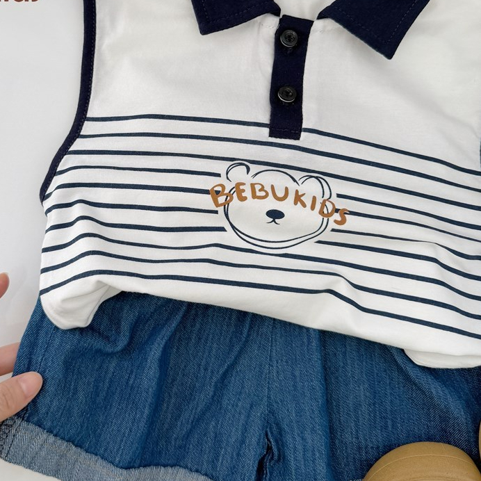 Set bộ polo sát nách bé trai 1-6 tuổi Miniumbaby kẻ sọc hoạ tiết gấu cute, chất áo cotton mềm SB2790
