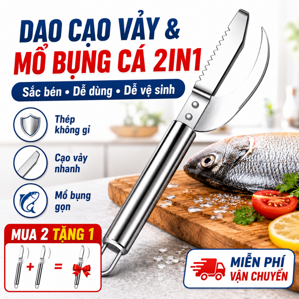 Dụng Cụ Cạo Vảy Cá 2 Trong 1｜Dao Mổ Bụng Cá Thép Không Gỉ｜Dễ Cầm, Dễ Vệ Sinh｜Mua 2 Tặng 1