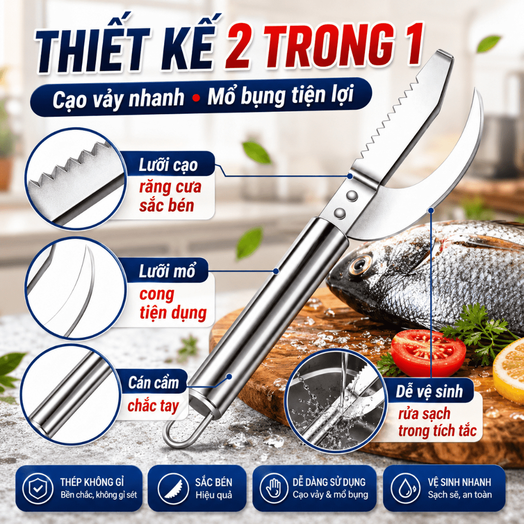 Dụng Cụ Cạo Vảy Cá 2 Trong 1｜Dao Mổ Bụng Cá Thép Không Gỉ｜Dễ Cầm, Dễ Vệ Sinh｜Mua 2 Tặng 1