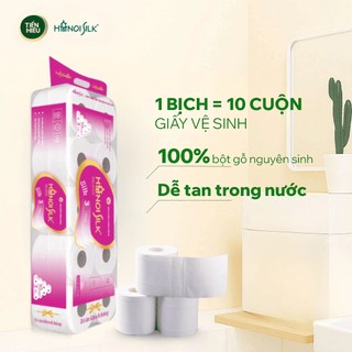 Giấy Vệ Sinh HaNoi Silk Cao Cấp Tím 3 Lớp, Bịch 10 Cuộn Có Lõi Mềm, Mịn, Tan Trong Nước - TẶNG GIẤY ĂN RÚT FAIRY ĐÀO