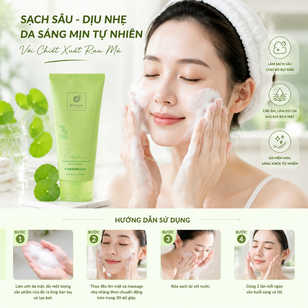 Sữa Rửa Mặt Rau Má Amino Acid – Làm Sạch Sâu, Dịu Nhẹ, Dưỡng Ẩm Da, Phù Hợp Mọi Loại Da
