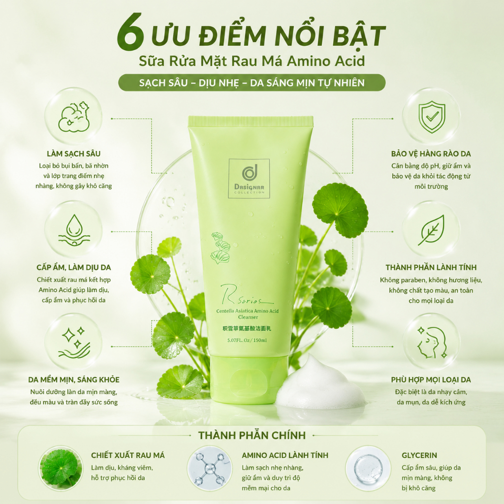 Sữa Rửa Mặt Rau Má Amino Acid – Làm Sạch Sâu, Dịu Nhẹ, Dưỡng Ẩm Da, Phù Hợp Mọi Loại Da