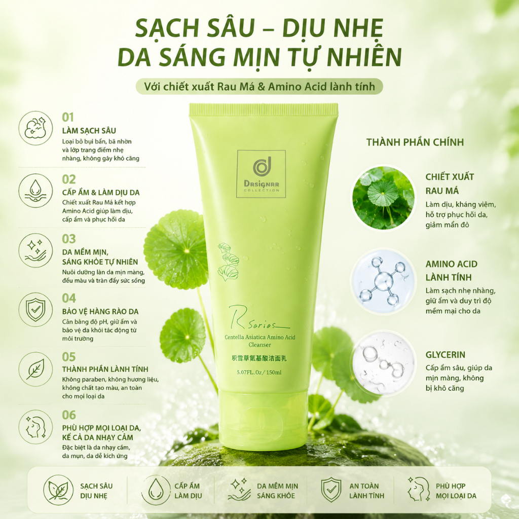 Sữa Rửa Mặt Rau Má Amino Acid – Làm Sạch Sâu, Dịu Nhẹ, Dưỡng Ẩm Da, Phù Hợp Mọi Loại Da