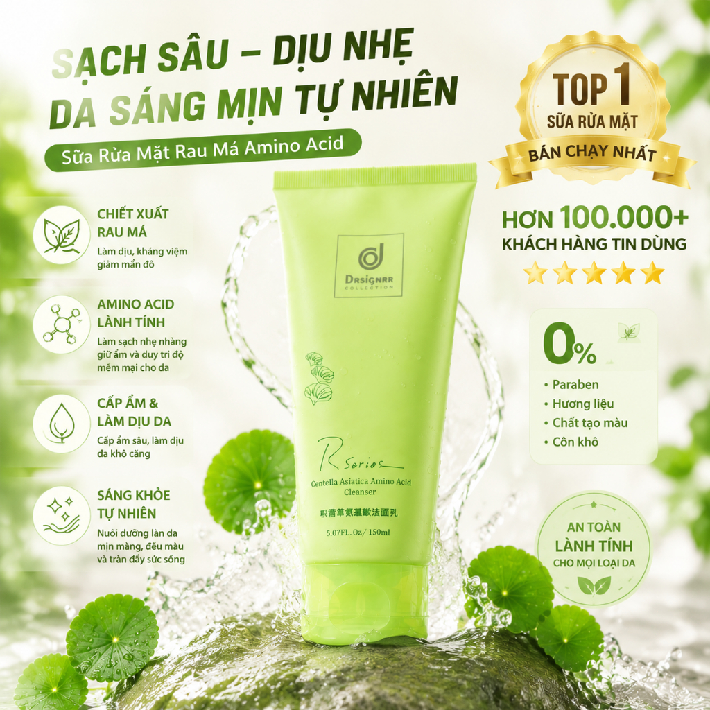 Sữa Rửa Mặt Rau Má Amino Acid – Làm Sạch Sâu, Dịu Nhẹ, Dưỡng Ẩm Da, Phù Hợp Mọi Loại Da