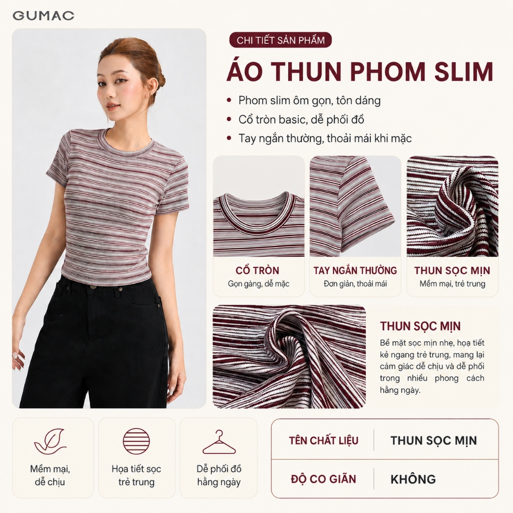 Áo Thun Nữ Babytee GUMAC Form Ôm Cổ Tròn Tay Ngắn Basic Chất Sọc Mịn Co Giãn Thoải Mái LATG05051