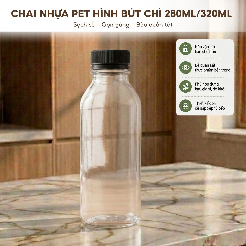 COMBO 5 Chai Nhựa PET Hình Bút Chì 280ml/320ml – Chai Đựng Trà Sữa, Nước Ép, Detox, Đồ Uống Take Away