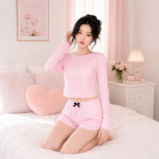 Set đồ ngủ sọc hồng tay dài kèm quần short phối nơ ống xòe, set ngủ tiểu thư chất cotton Loungewear |BD003