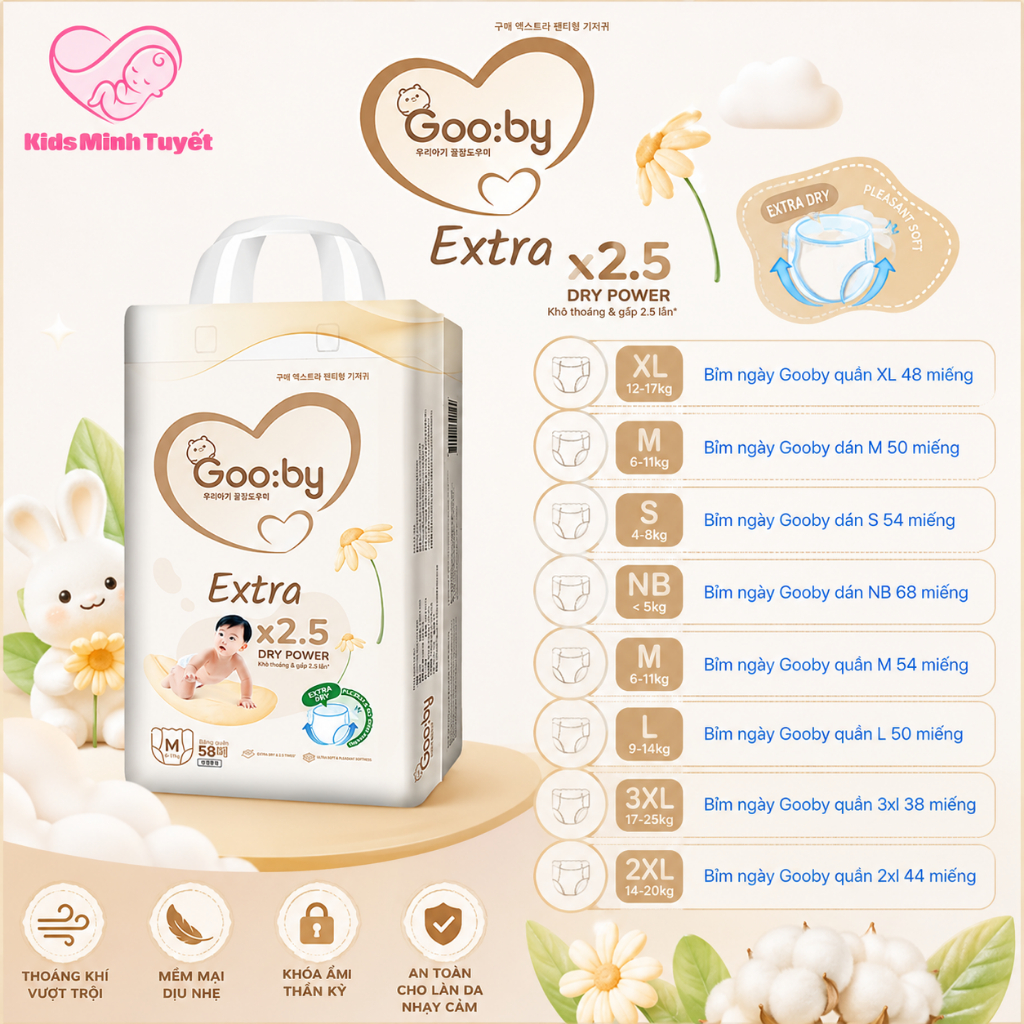 Tã bỉm Gooby Premium dán và quần đủ size NB-XXL siêu mỏng thấm hút nhanh chống hăm cho bé