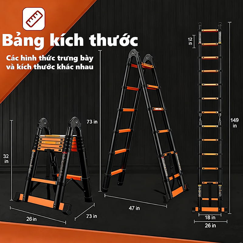 Thang Nhôm Rút Inox Chữ A Nhập Khẩu Chắc chắn bền bỉ lớp phủ chống gỉ Tải trọng 600kg bảo hành 2 năm